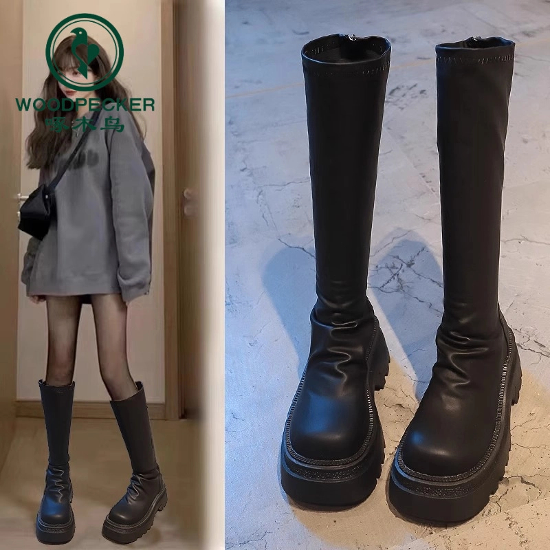 啄木鸟靴子女2025年新款春季高筒靴骑士黑色中筒长靴小个子长筒靴