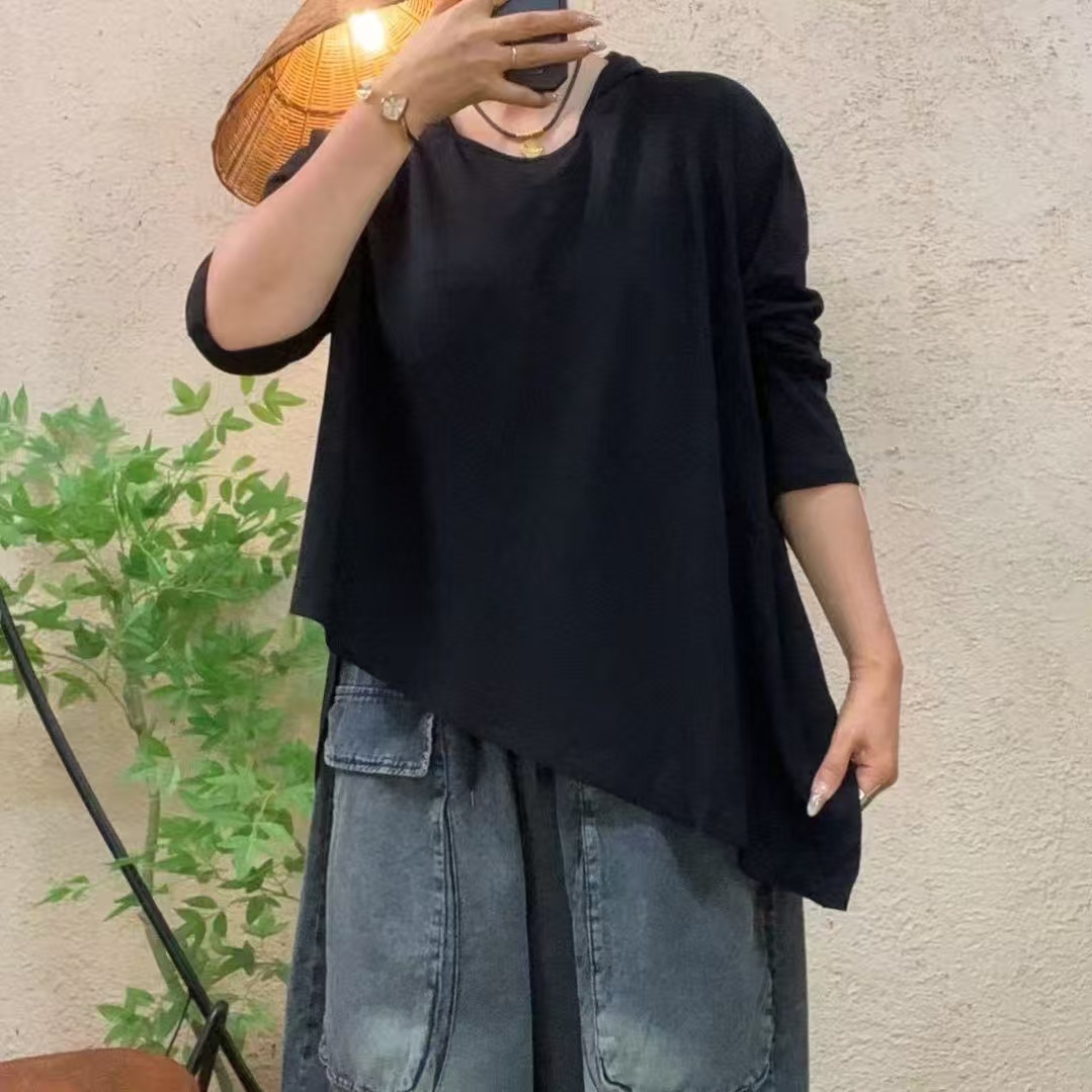 2515底边不规则弹力棉长袖帽衫