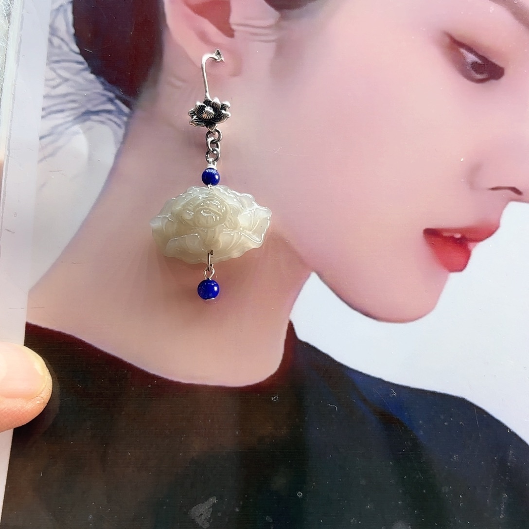 和田玉耳饰银S925镶嵌?*沫