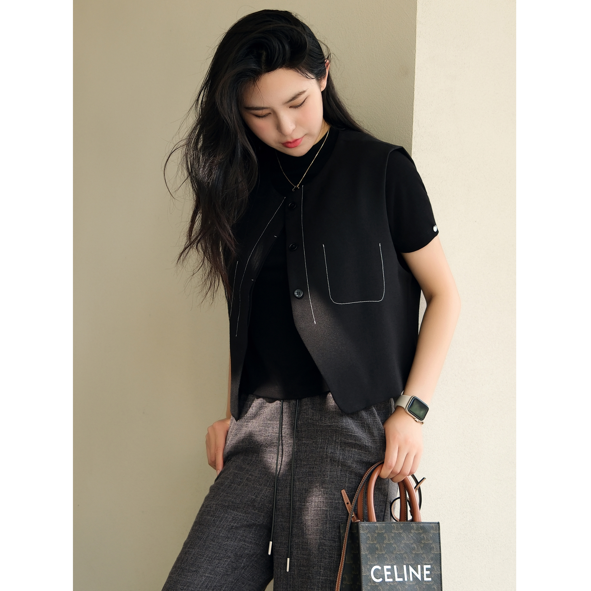 气质老钱~撞色明线口袋西装马甲背心女篙级感含羊毛无袖上衣坎肩