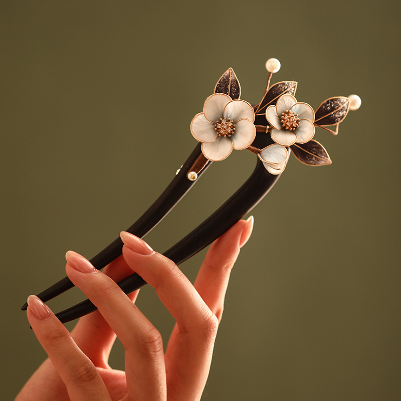 绒花檀木发簪月夕古典日常古风盘发簪气质旗袍簪发