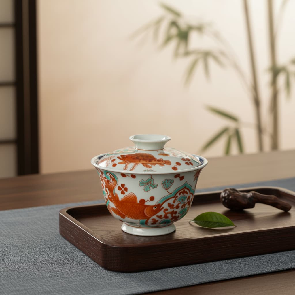 【觀文】余洪亮柴窑150ml红绿彩鱼藻纹盖碗纯手工手绘景德镇青花瓷