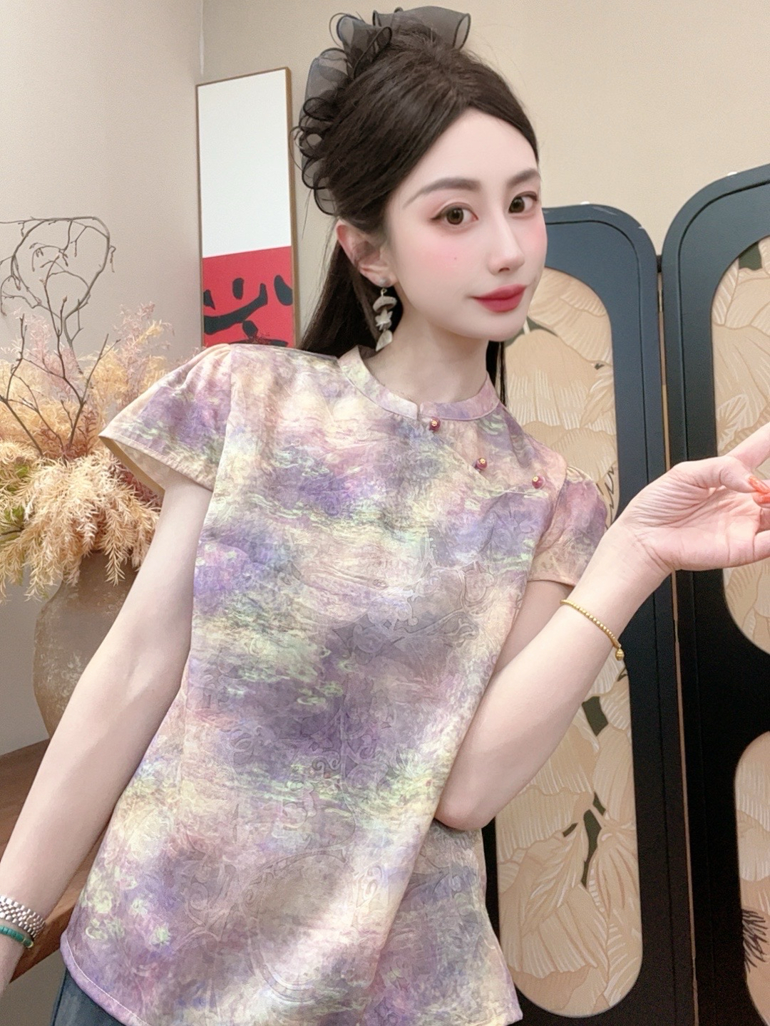 【阿紫】2025夏季新款短袖百搭显瘦新中式短袖女日常时尚气质