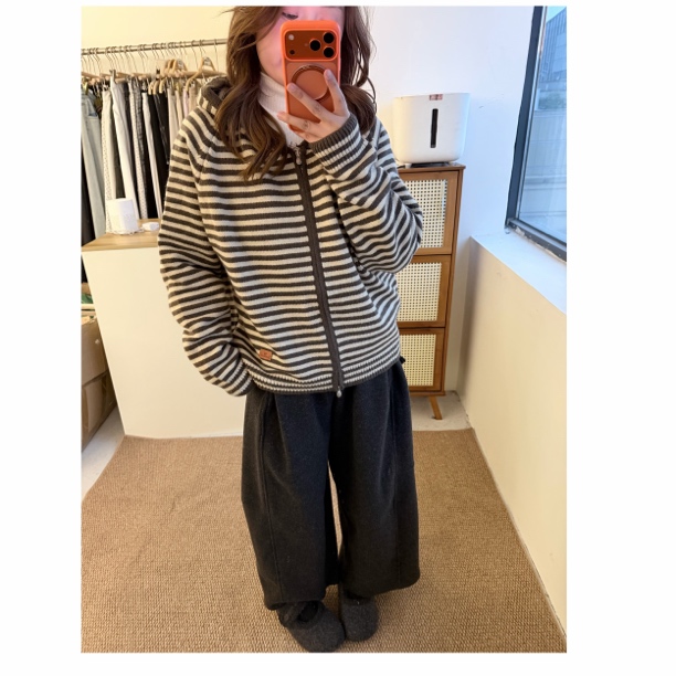 撞色条纹连帽拉链毛衣开衫女秋冬新款宽松外穿慵懒针织外套