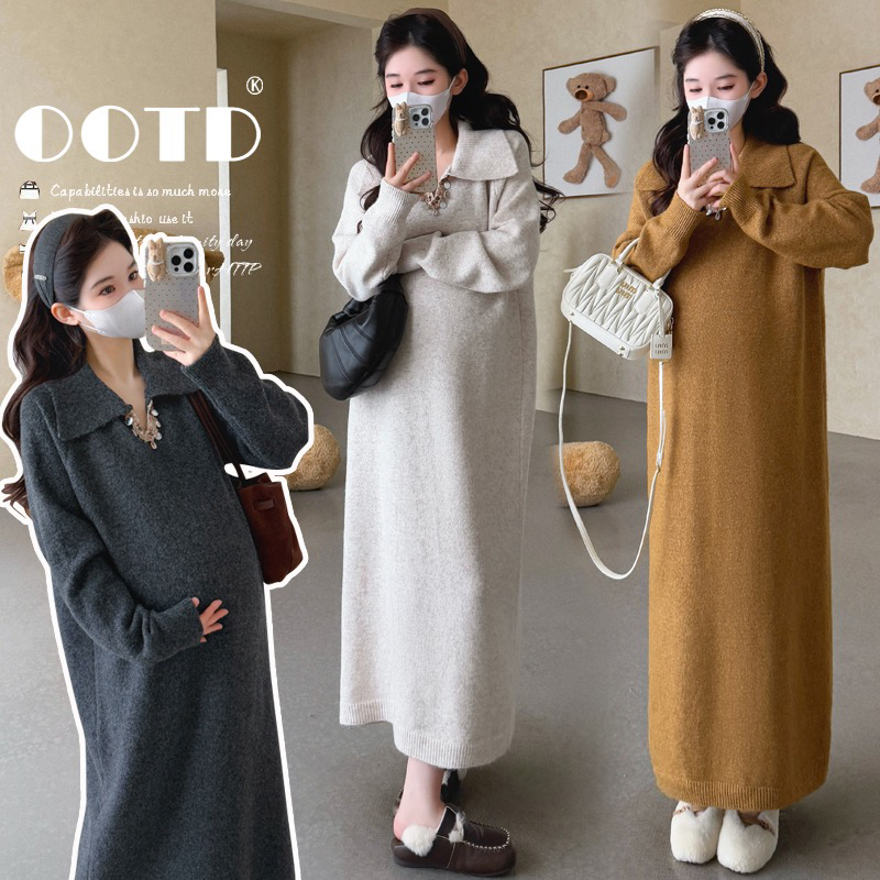 【可可】秋冬新品孕妇秋冬毛衣翻领亮片直筒针织孕期连衣裙