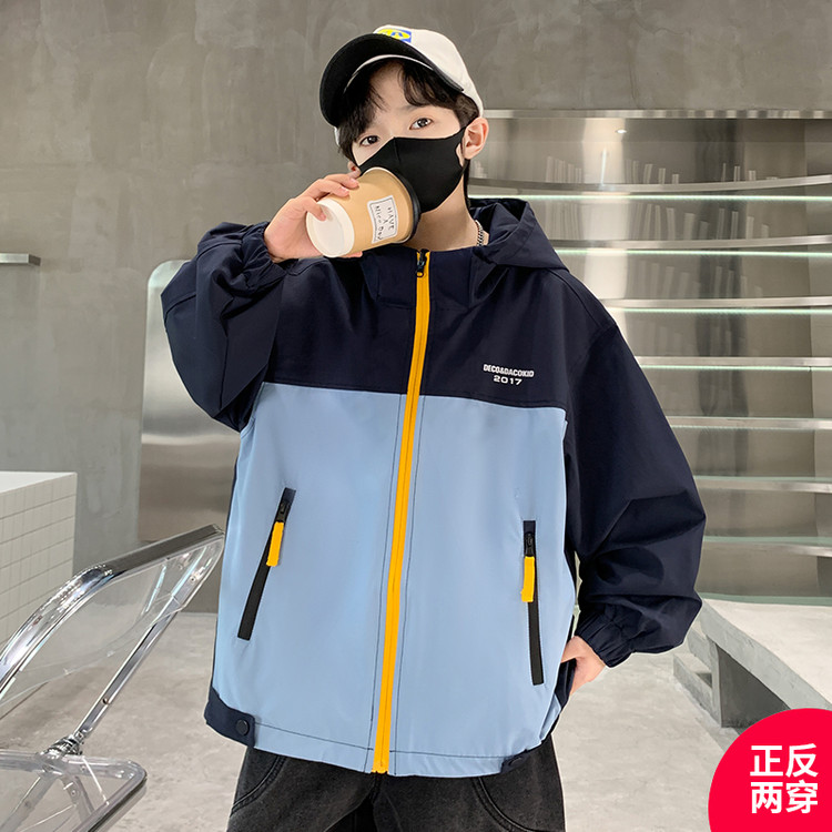 童装男童外套春秋款6-12岁潮中大童儿童拼接色秋款连帽韩宽松上衣