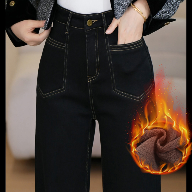 XT7815第-5-代-窄版直筒裤加绒高腰牛仔裤女长裤2024年新款冬季