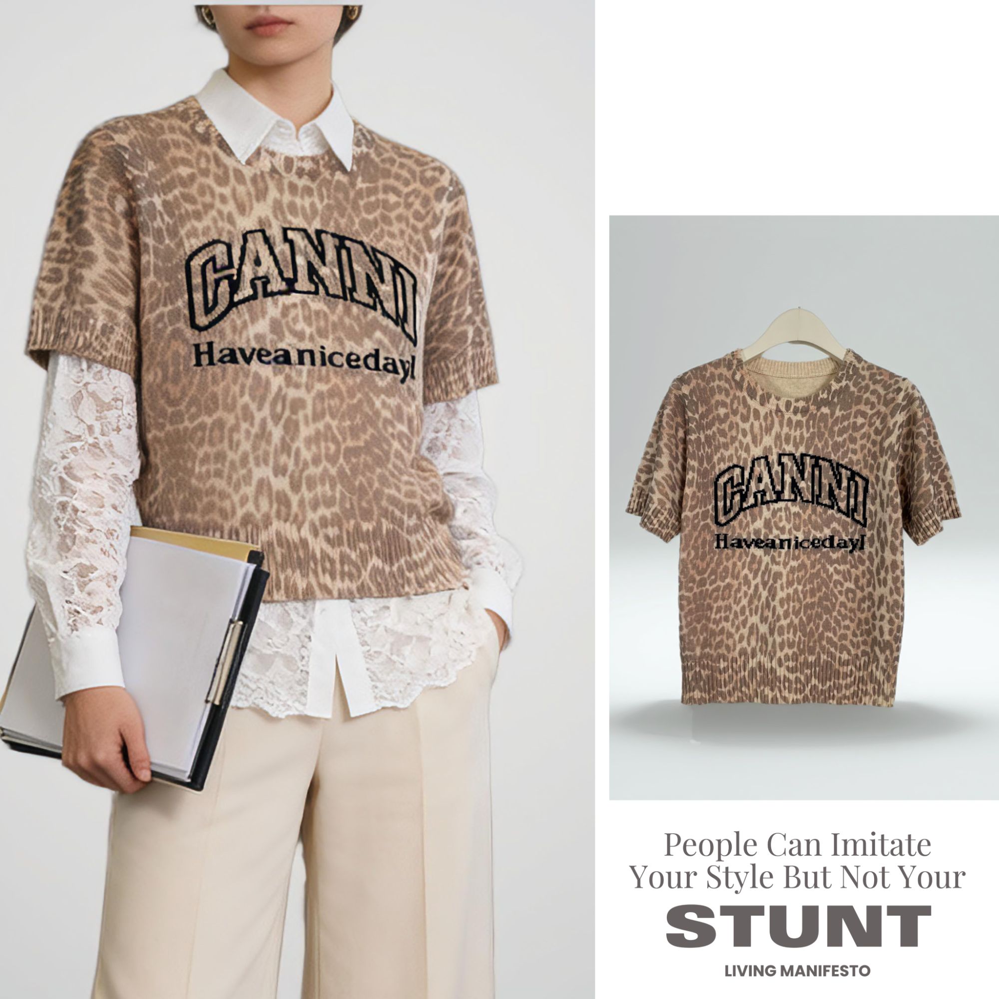 秋冬时尚豹纹波点羊毛混纺圆领针织短袖毛衣1904