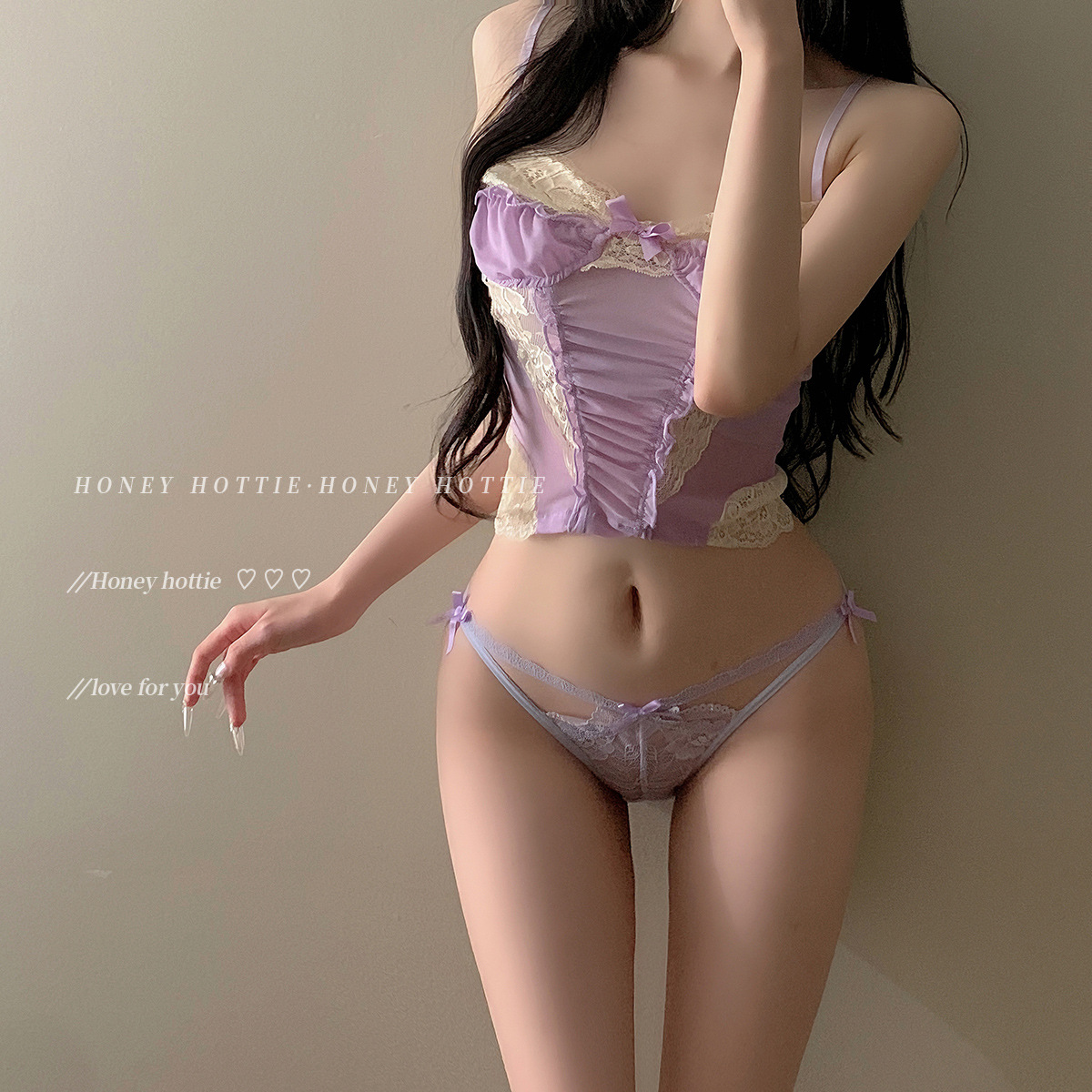 法式紫罗兰性感柔软蕾丝内裤女士两边蝴蝶结镂空低腰三角裤