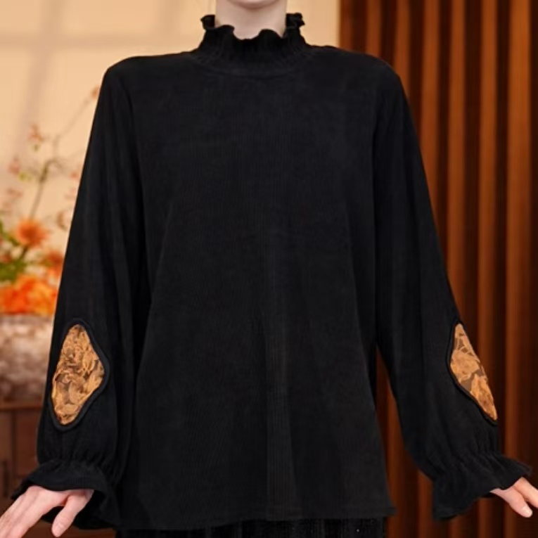 211/216黑色雪尼尔时尚百搭显瘦两件套套装（上衣+裤子）