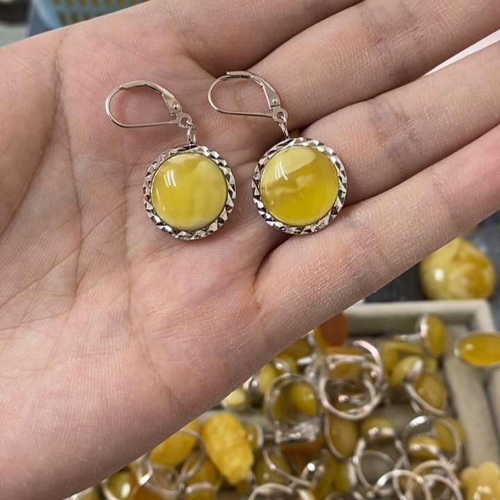 蜜蜡裸石银S925镶嵌耳坠