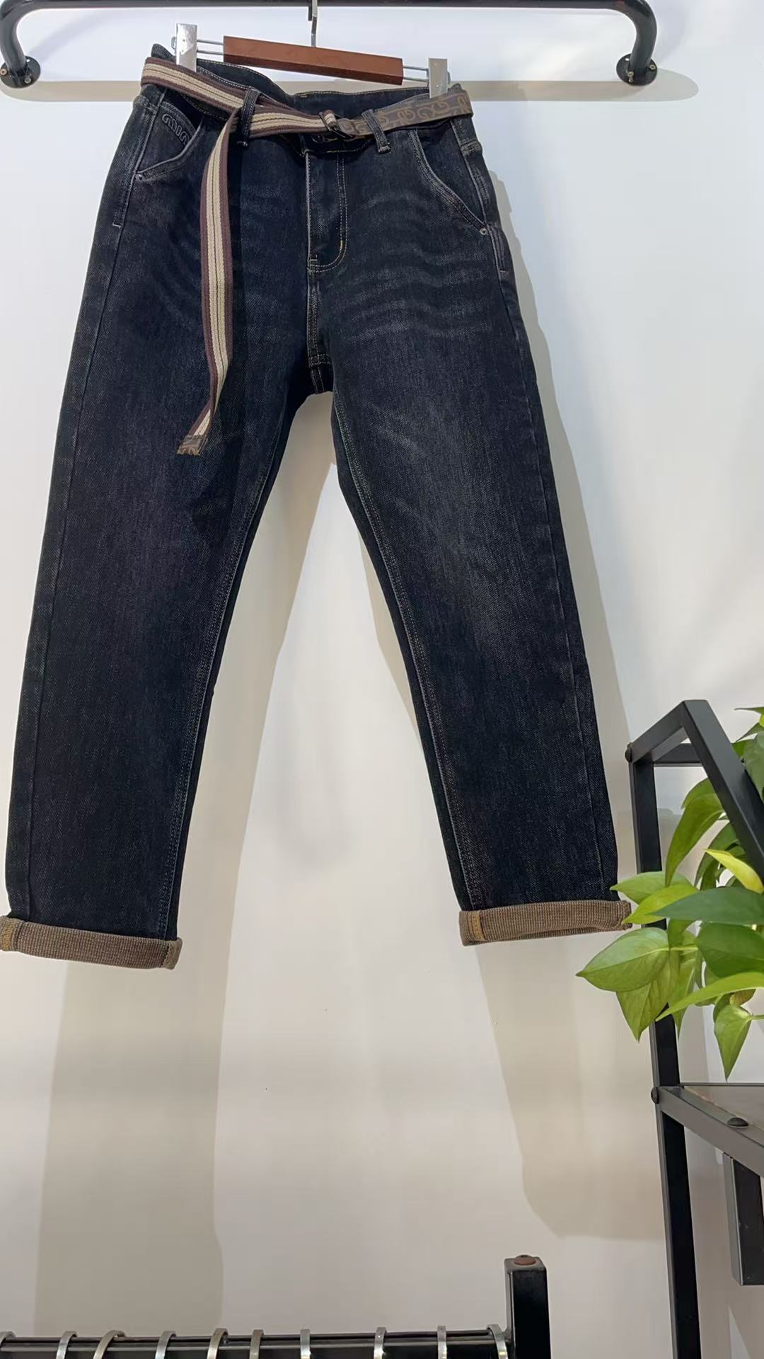 刺绣冬季男秋季水洗锥形男牛仔裤加绒修身设计师休闲