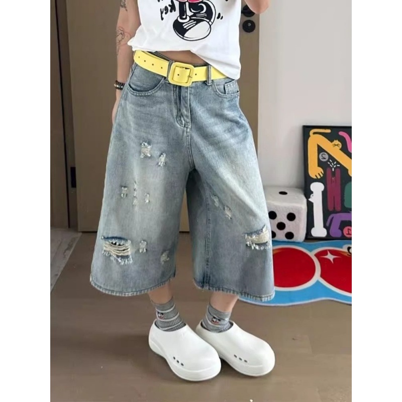 美式复古做旧破洞七分牛仔短裤女夏季新款高腰宽松显瘦阔腿中裤潮