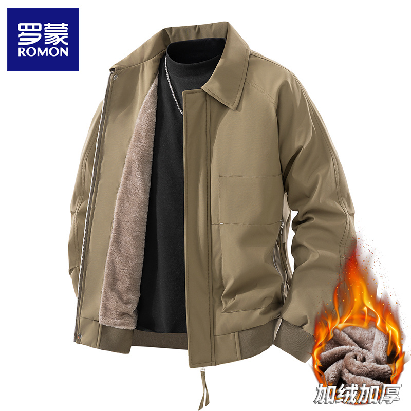 Romon/罗蒙韩版男士夹克美式休闲防风保暖加绒夹克翻领男装外套男