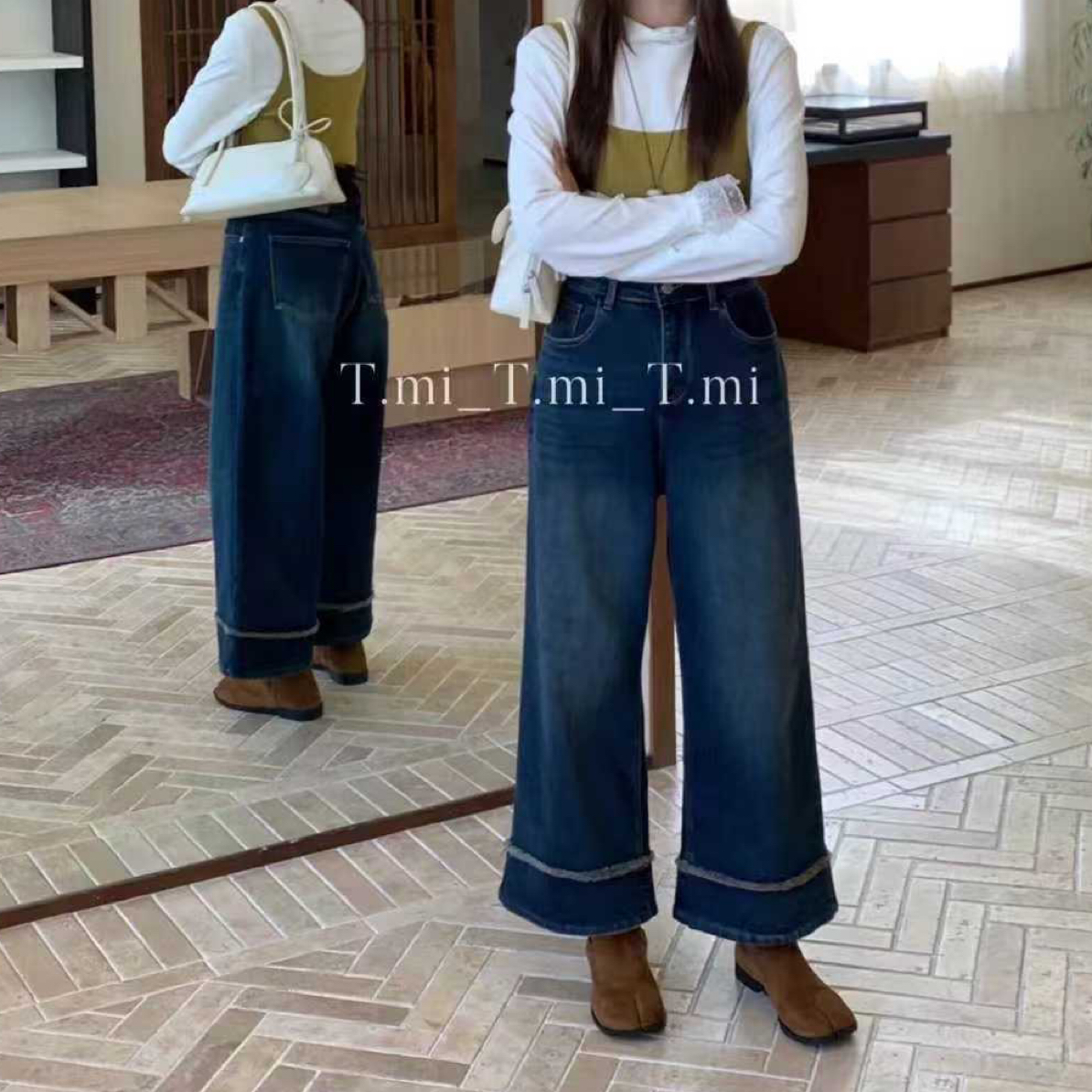 (晓晓家)秋冬植绒复古蓝高腰毛边阔腿九分牛仔裤
