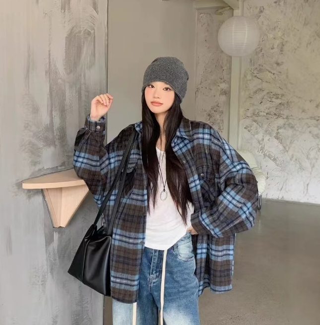 【莫兰迪兰】陈思思 新款秋冬季立领格子纹外套女设计感百搭上衣