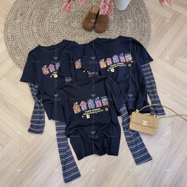 【西城律动】秋冬上新字母刺绣图案印花条纹拼接圆领磨毛上衣长袖T