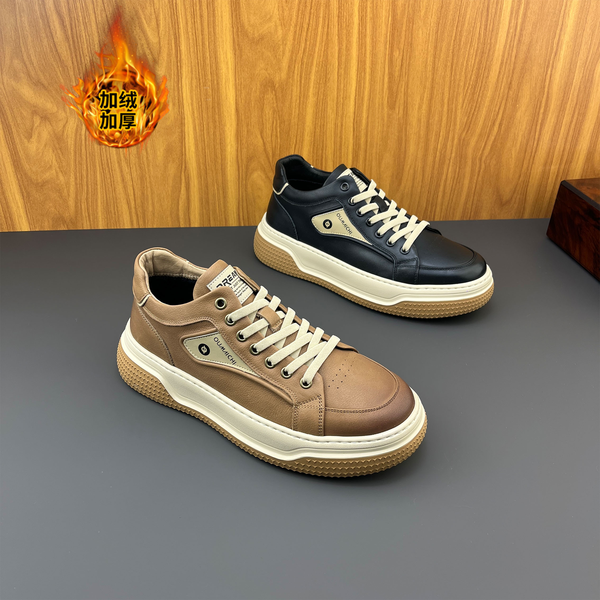 秋冬季中国加绒保暖百搭厚底新款男鞋板鞋增高舒适真皮男士低帮