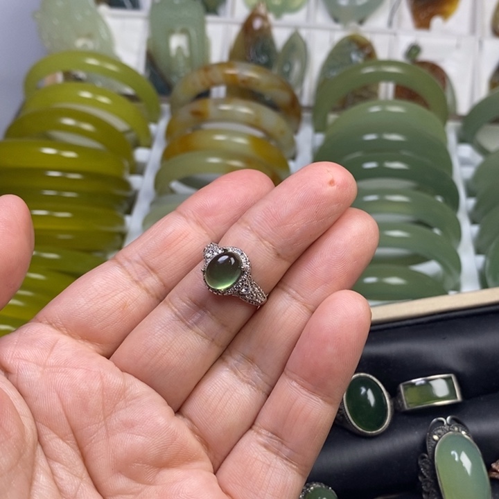 蛇纹石玉戒指银S925镶嵌