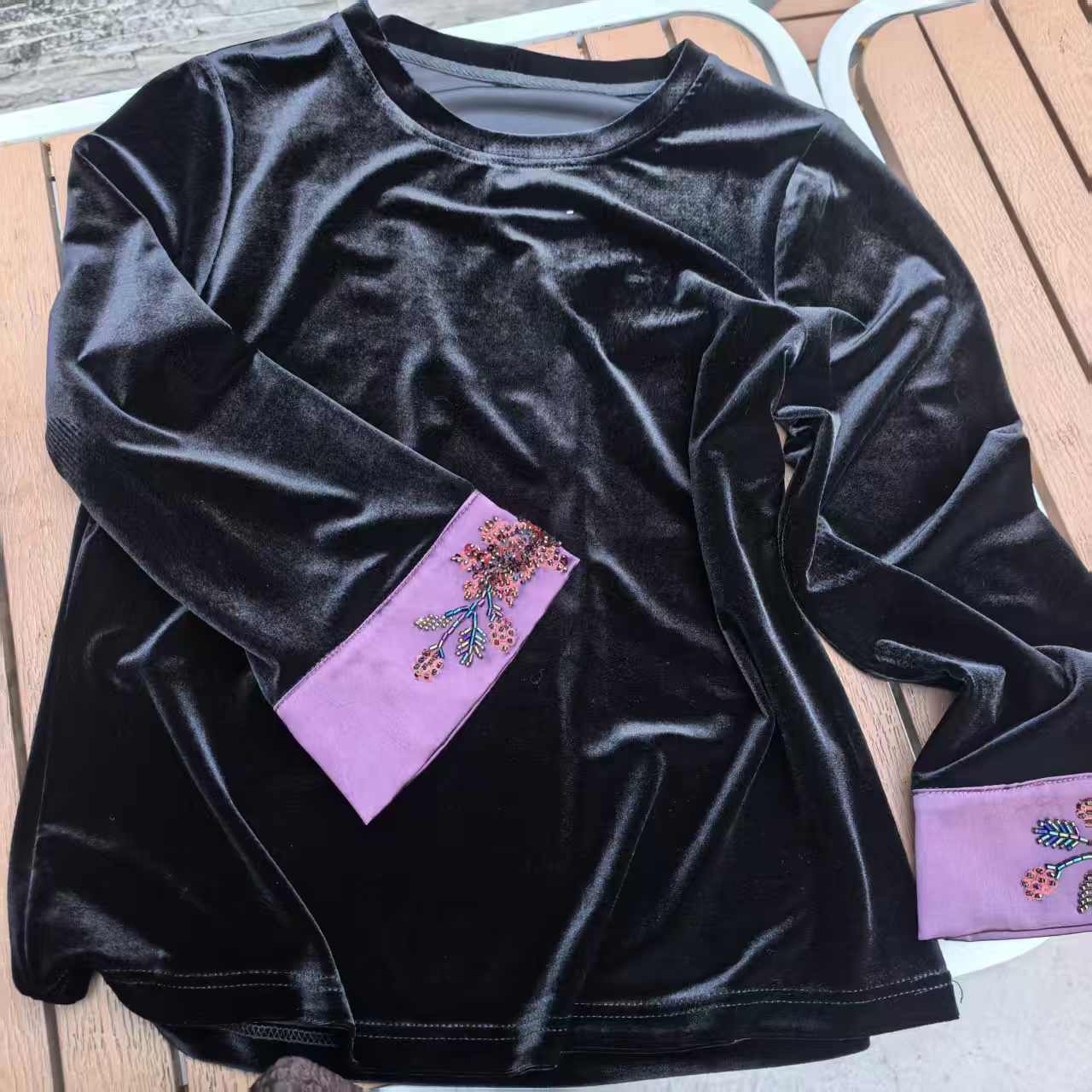 【即遇——闻花】新中式国风重工绣花拼色丝绒小衫