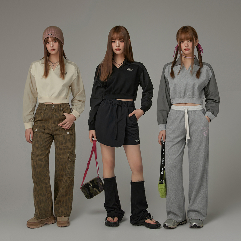 【陈嘉尔专属】CHUU翻领百搭撞色运动休闲风显瘦长袖设计休闲卫衣-Q