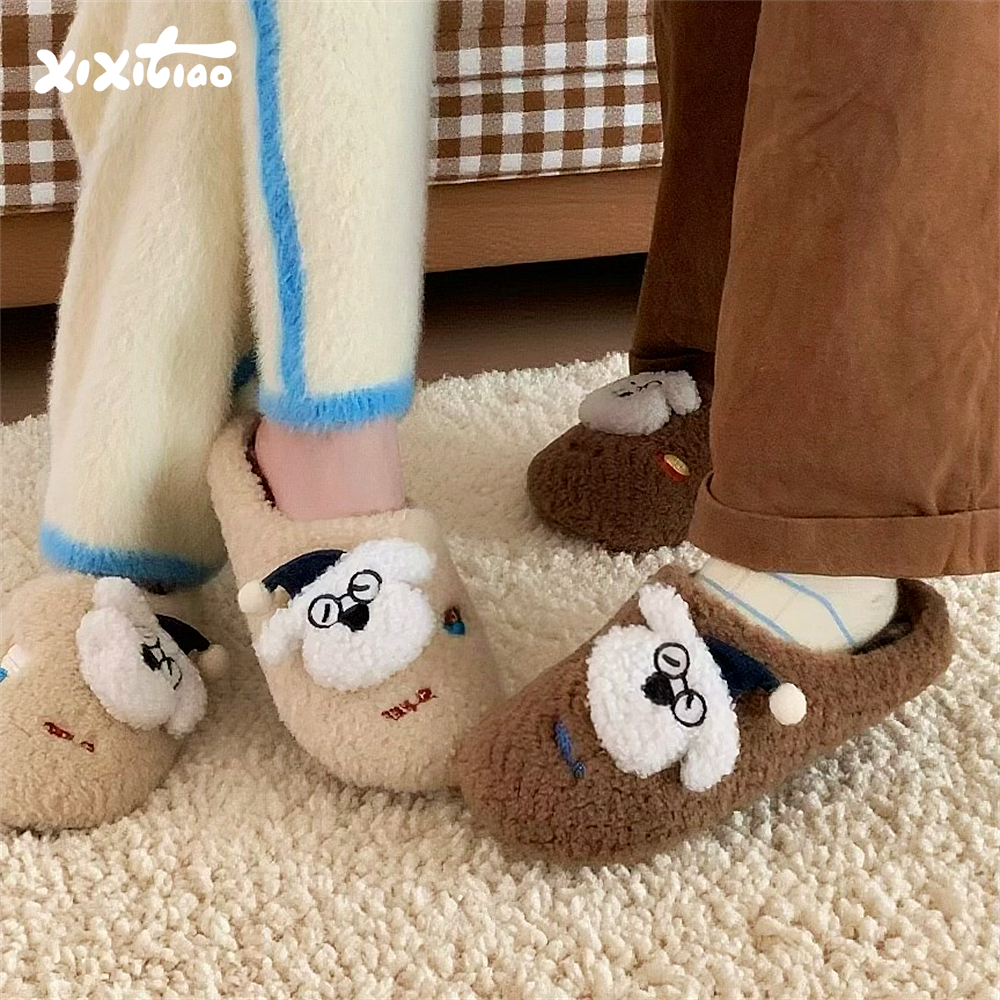 细细条 情侣可爱ins小狗毛毛拖鞋冬地板鞋保暖居家月子棉拖鞋男女