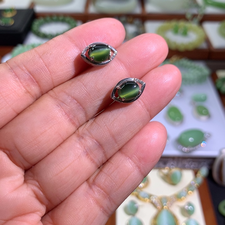 和田玉（碧玉）银S925镶嵌耳饰
