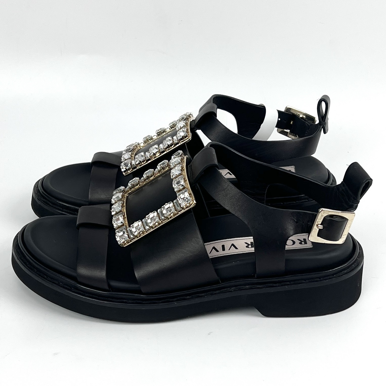 95新 Roger Vivier/罗杰·维威耶 35码 黑色钻扣凉鞋 xz0459