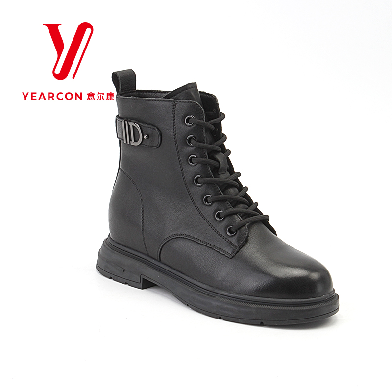 意尔康女鞋加绒马丁靴女内增高冬季新款真皮舒适短筒棉靴子035133