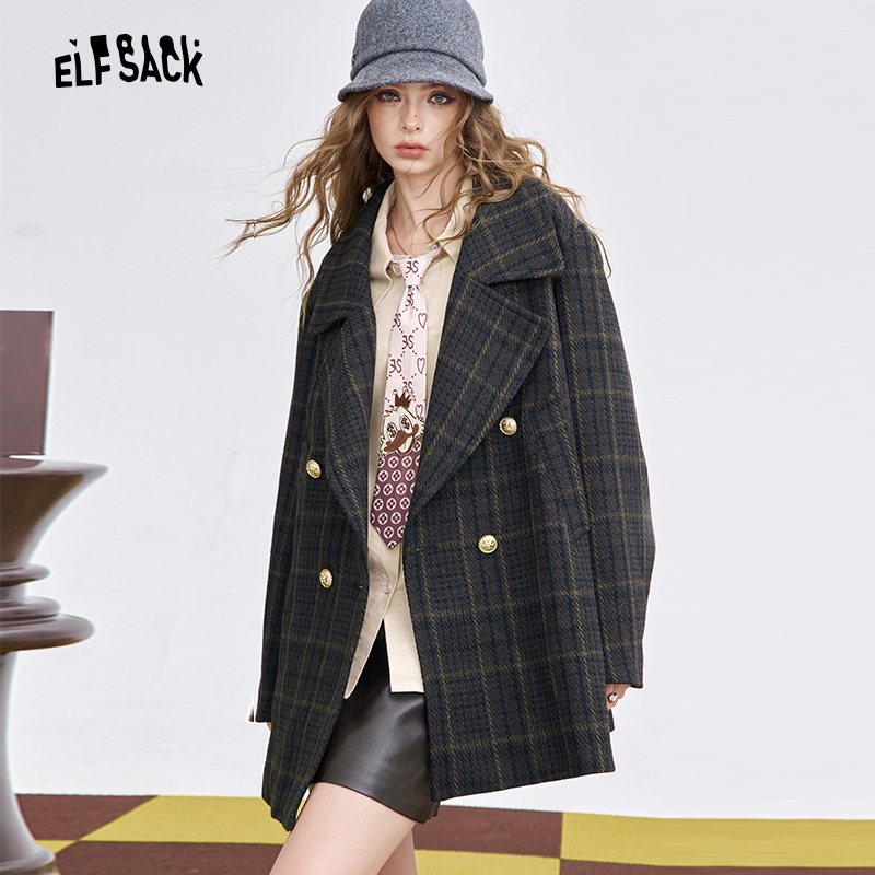 【粉丝专享】妖精的口袋复古格纹大翻领毛呢外套女2025年冬季新