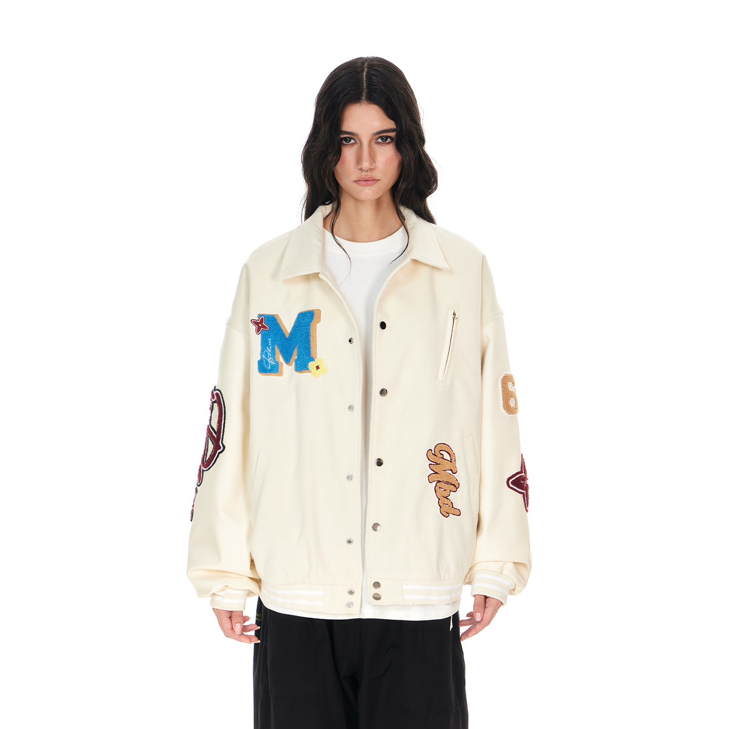 小恶魔潮牌2025毛巾绣美式字母棒球服男女街头加厚PU夹克外套