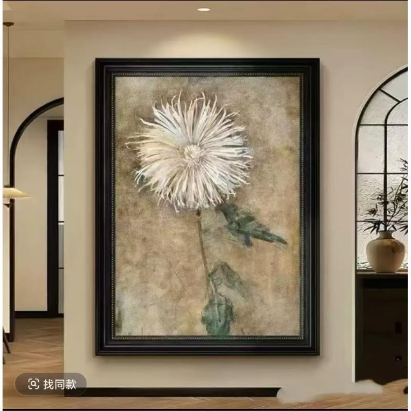 复古抽象风格白色花卉手绘油画客厅玄关过道装饰画AS12