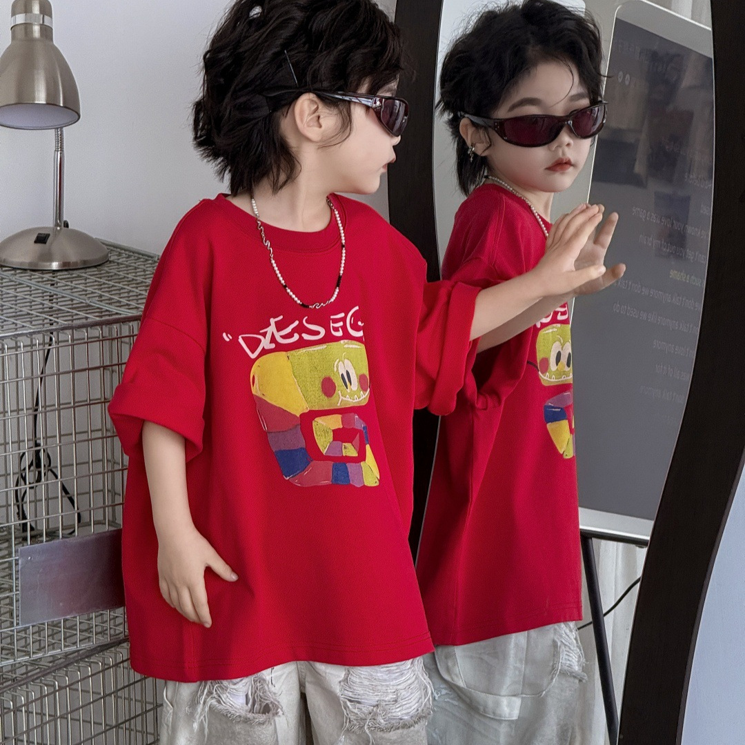 2025年夏季新款儿童短袖上衣男童女童红色洋气宽松纯棉圆领男孩