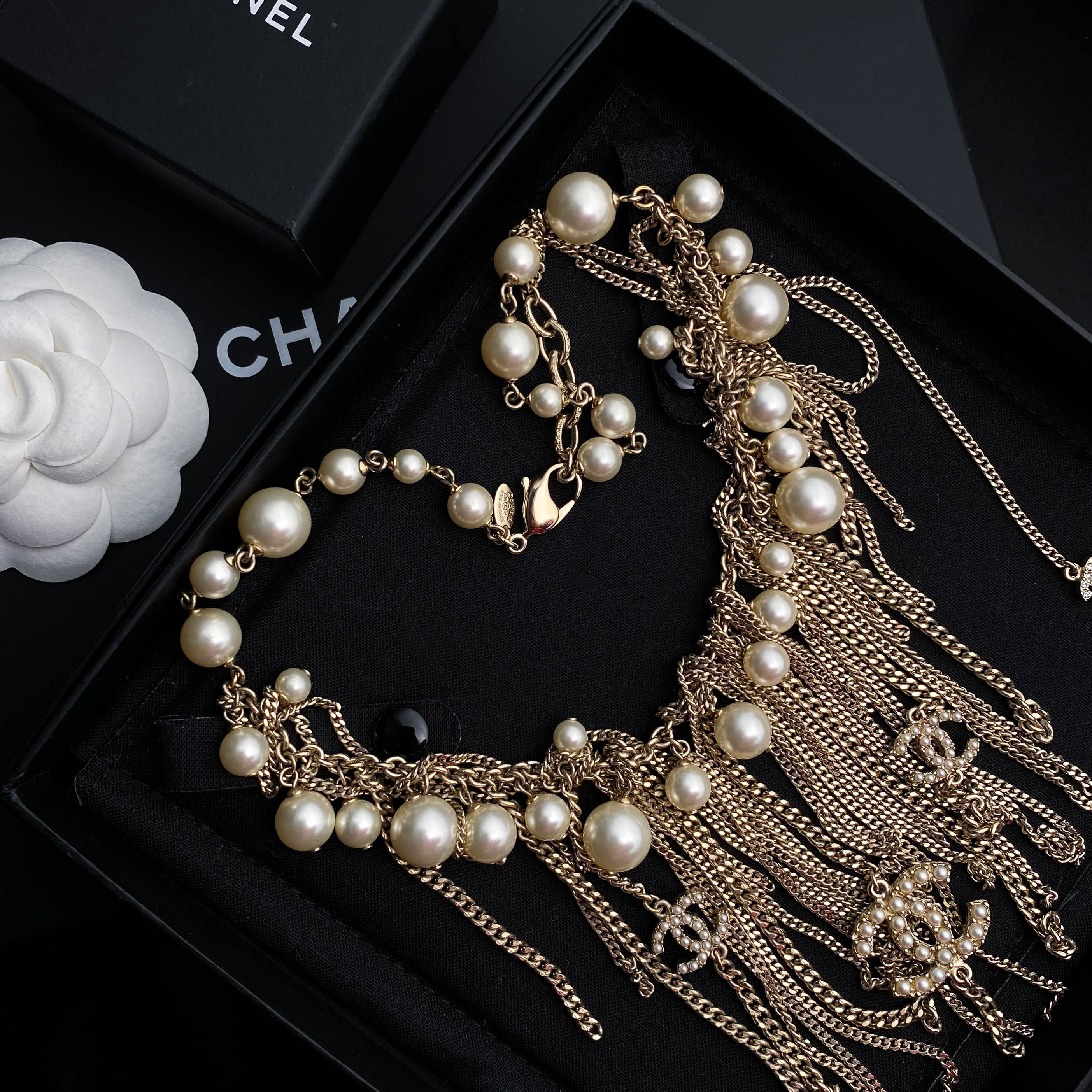 全新未使用 Chanel/香奈儿 经典双C 链条流苏珍珠项链 S4567