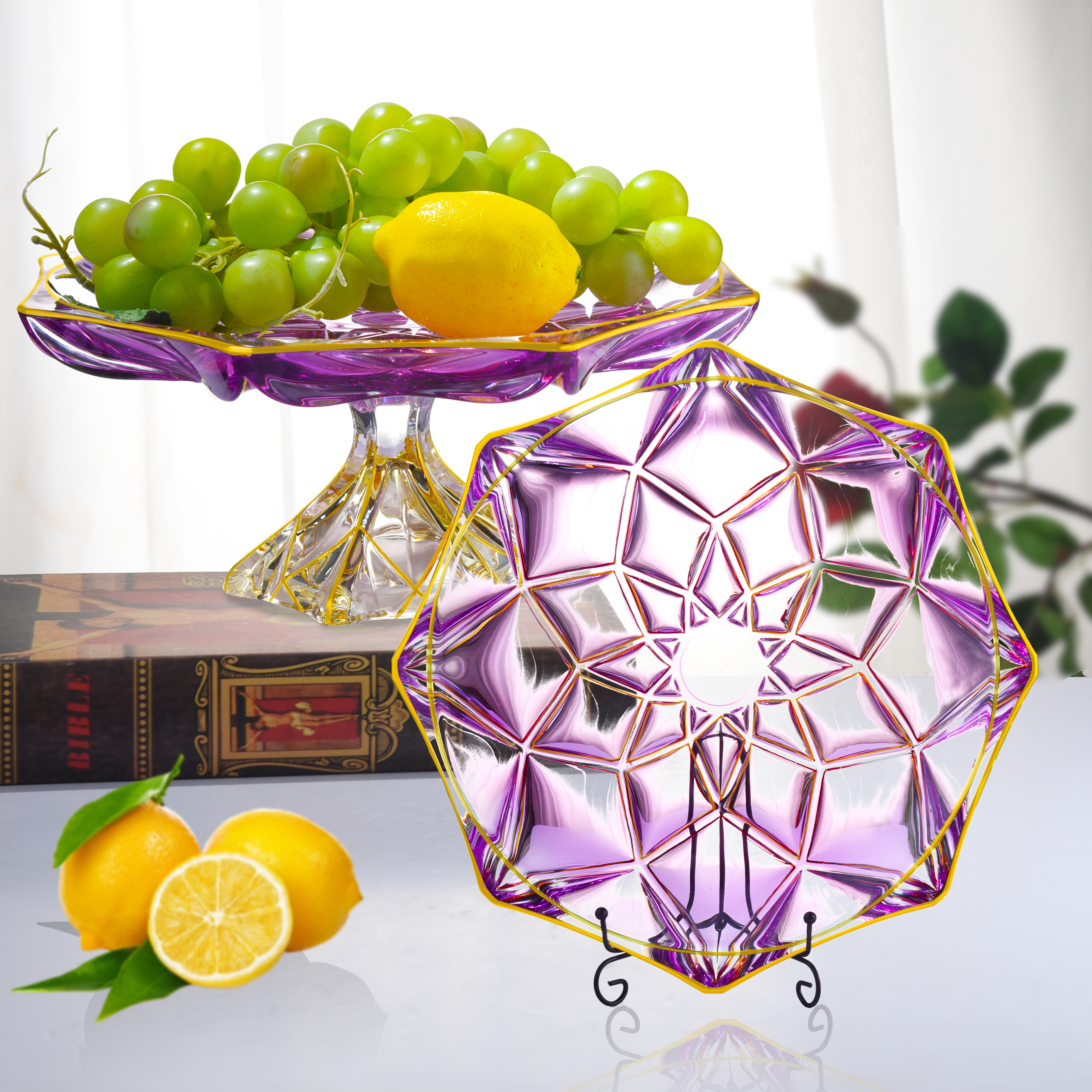 【金像】流金紫梦系列  菱格彩窗平盘时尚大号琉璃果盘子创意