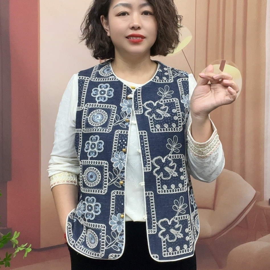 新中式民族风刺绣亮片马甲外套女春季2025新款高级坎肩牛仔上衣潮