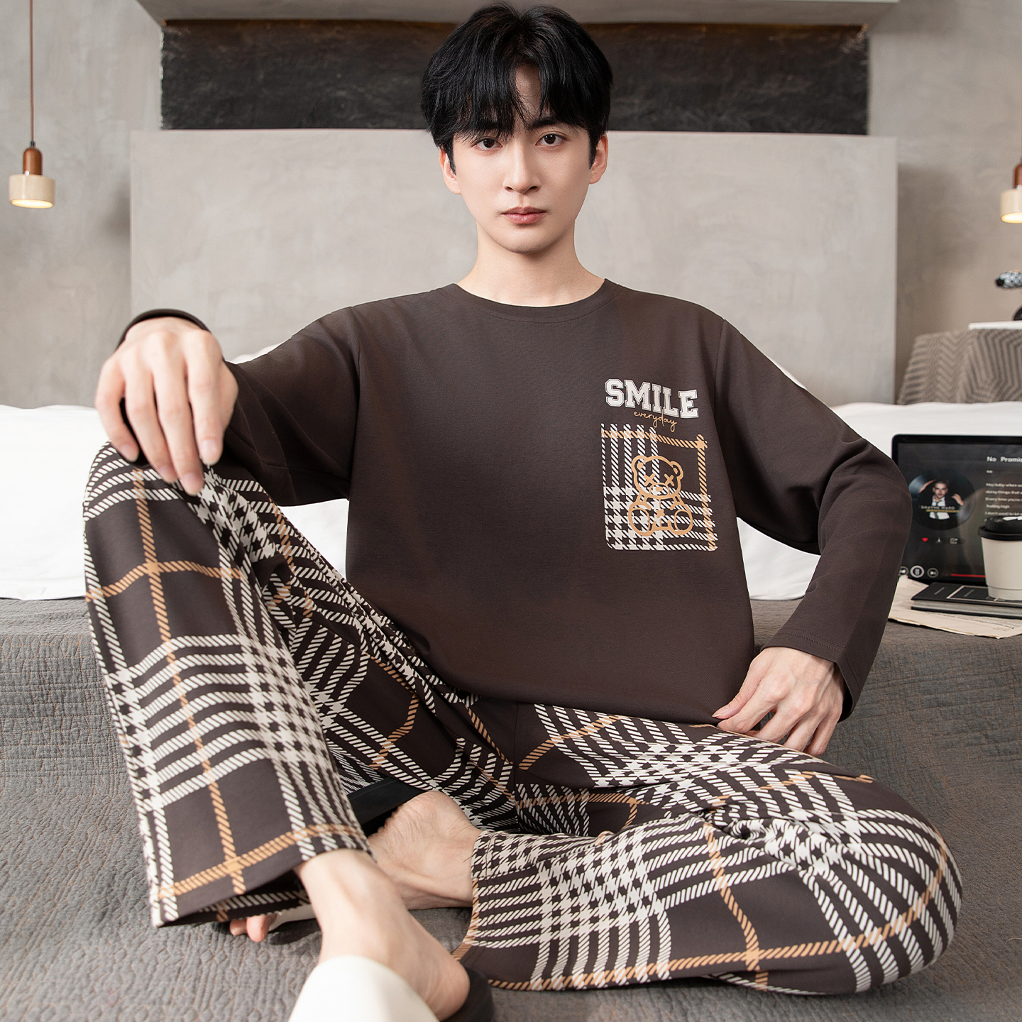 男款睡衣秋季纯棉长袖休闲青年秋冬季男士大码简约塑身家居服套装