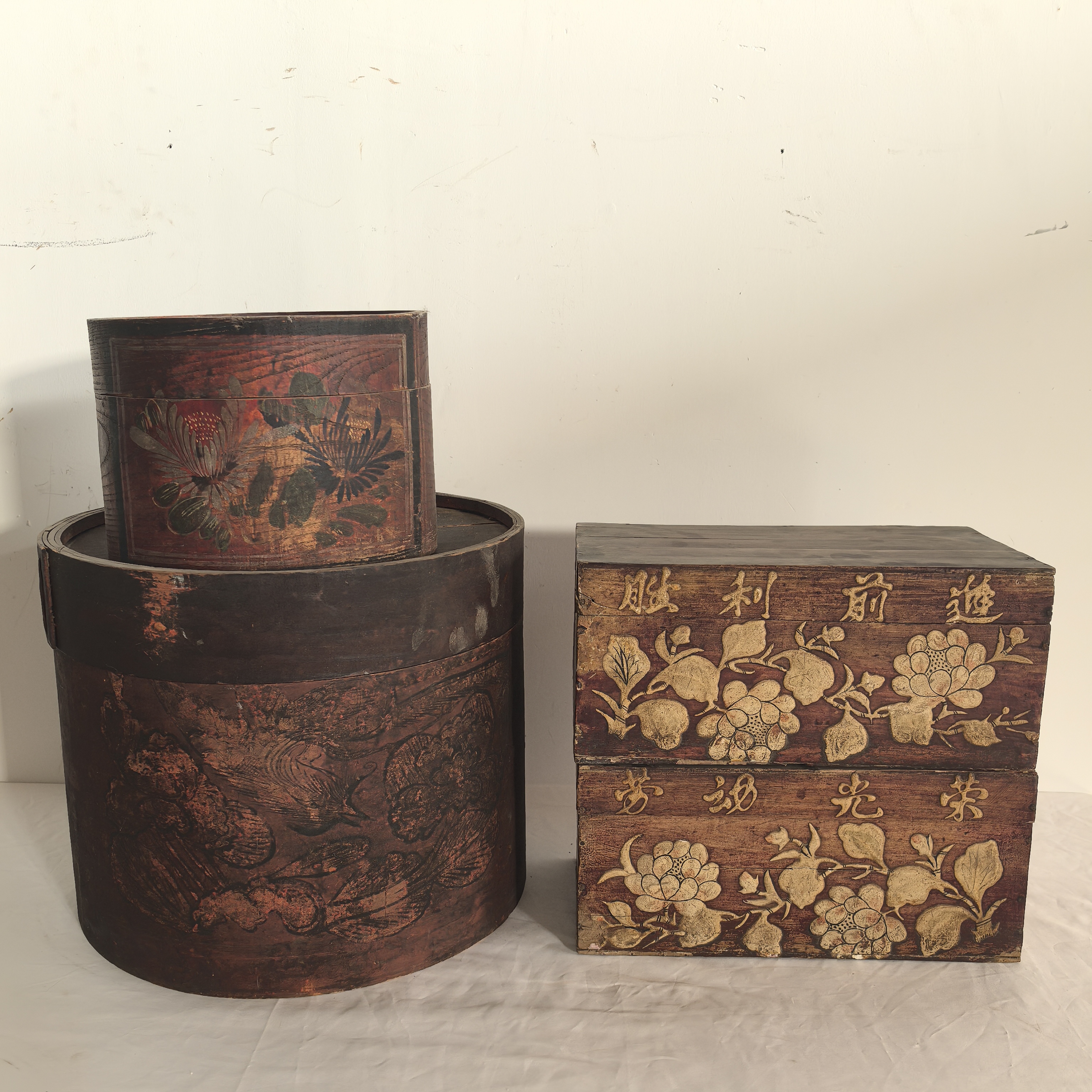 民俗老物件帽盒摆件复古怀旧老式首饰盒钱箱收纳箱造景装饰道具