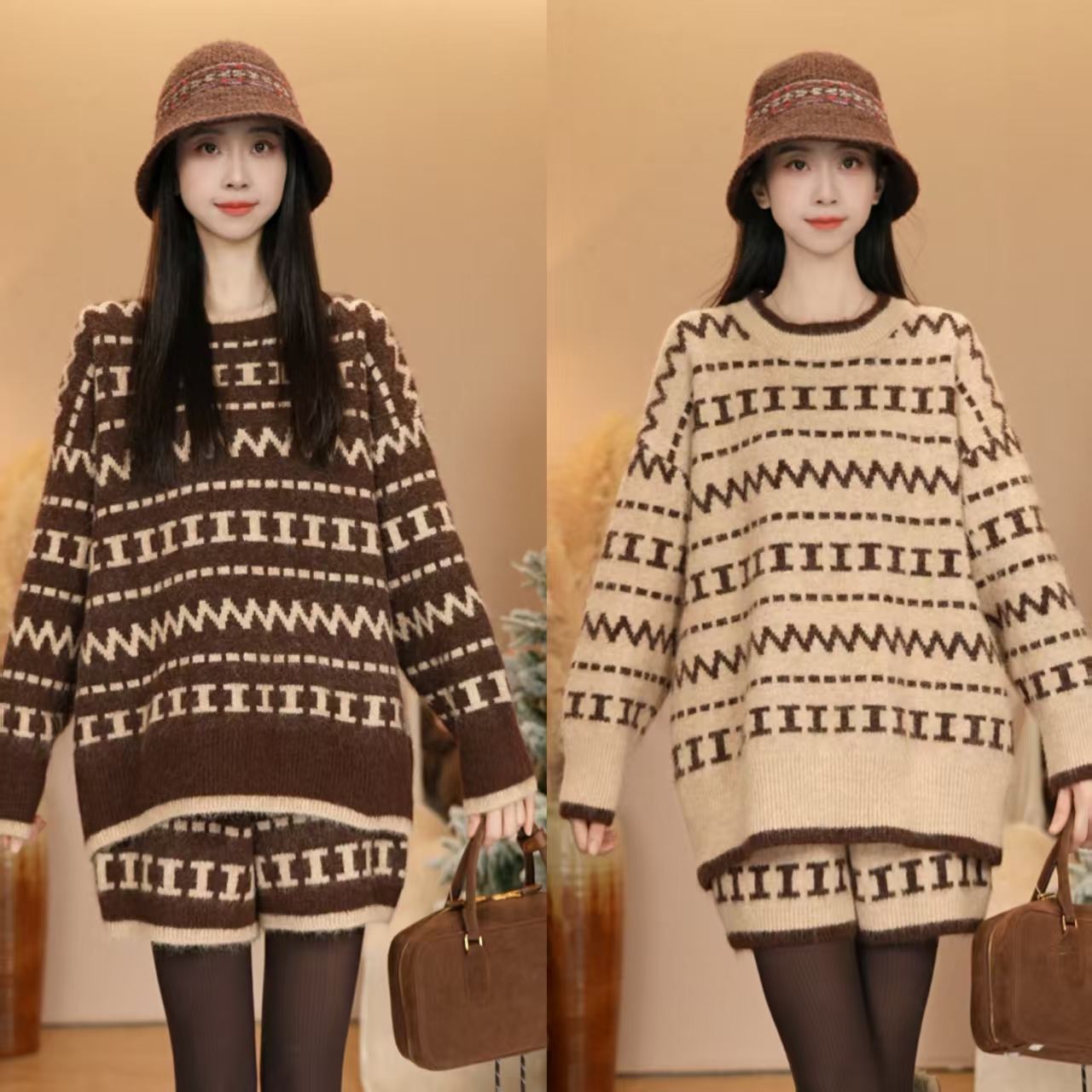 唐乐乐｜25new秋冬新款慵懒风宽松上衣+针织短裤套装 BF2537