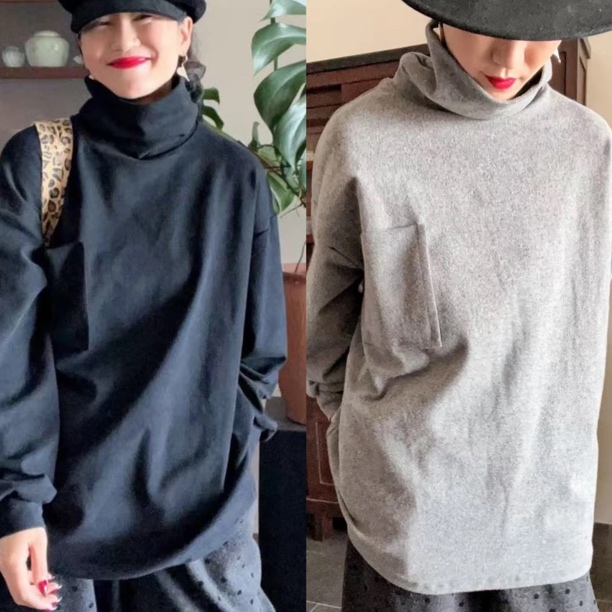 66282素色高领口袋打底衫2色均码长袖百搭纯色套头