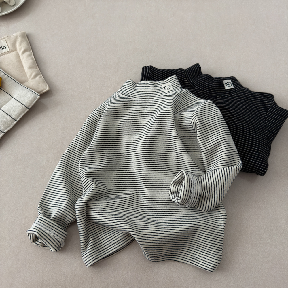 韩系潮牌半高领长袖打底2025新款秋季男女童条纹上衣