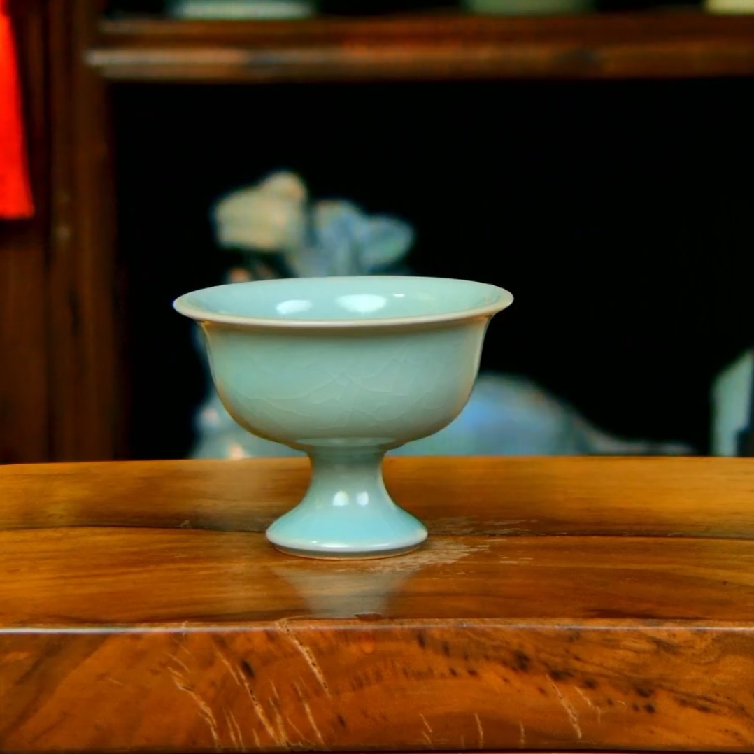 甄泽堂•仿古釉全手工高足杯开片可养汝窑主人杯天青色陶瓷杯