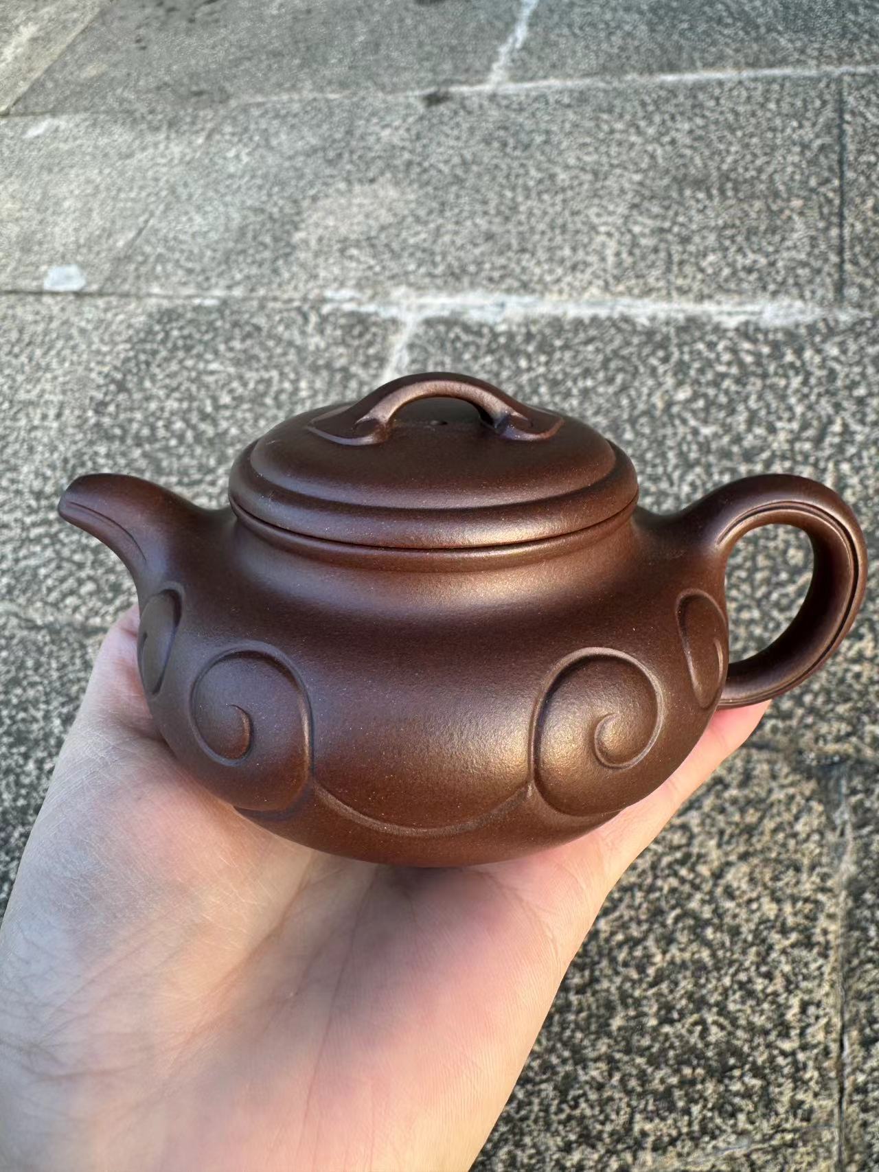 宜兴紫砂壶原矿老紫泥半手精工仿古如意壶230cc