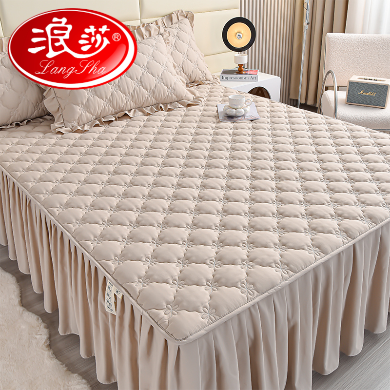 浪莎简约磨毛加厚夹棉床裙家用1.5米1.8米防滑防尘可折叠床罩床笠