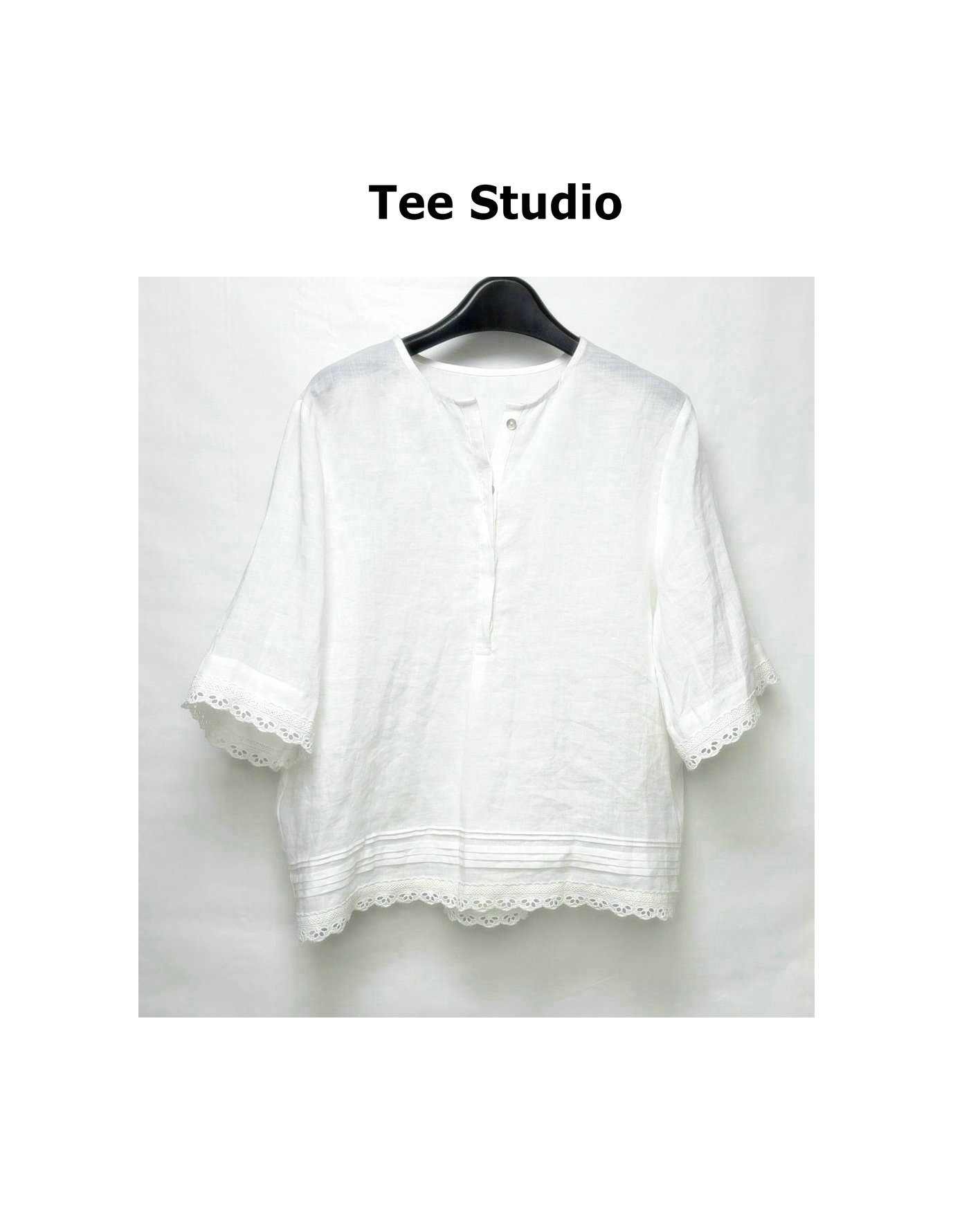 TEE STUDIO  醉清风国风苎麻蕾丝五分袖小衬衫宽松白色衬衣上衣