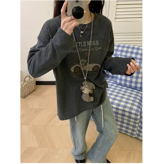 九佳 磨毛圆领长袖宽松设计师款套头时尚打底内搭百搭T恤