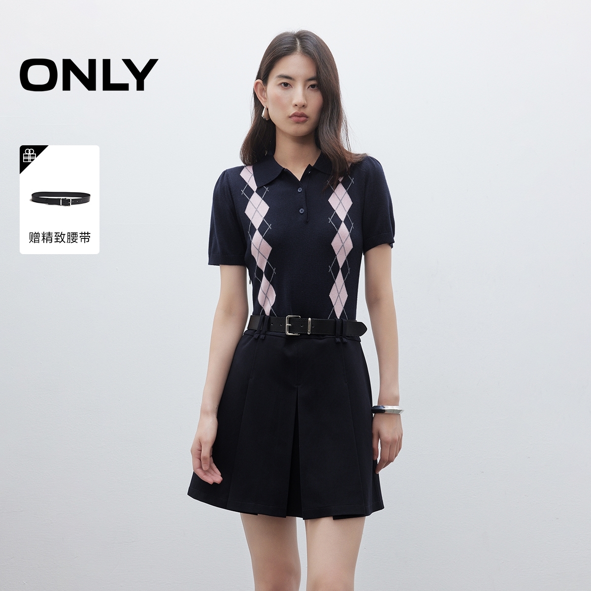 ONLY2025秋季新款高智polo裙百褶假两件短裙连衣裙女|125307035