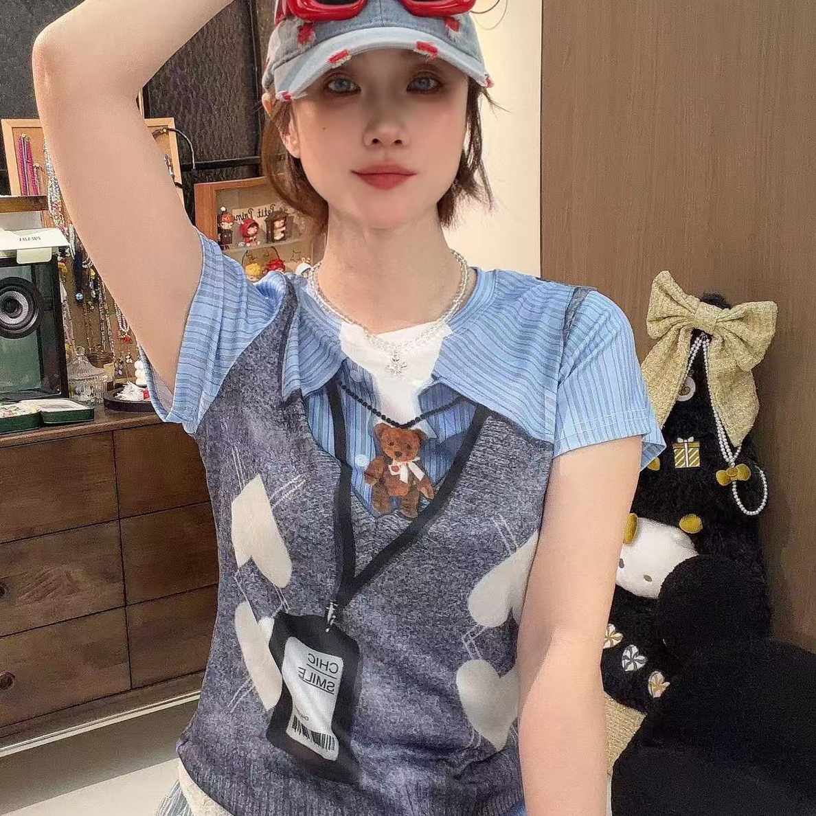 （8886爱心小熊t）新款学院风爱心印花工牌假两件短袖T恤女小众上衣