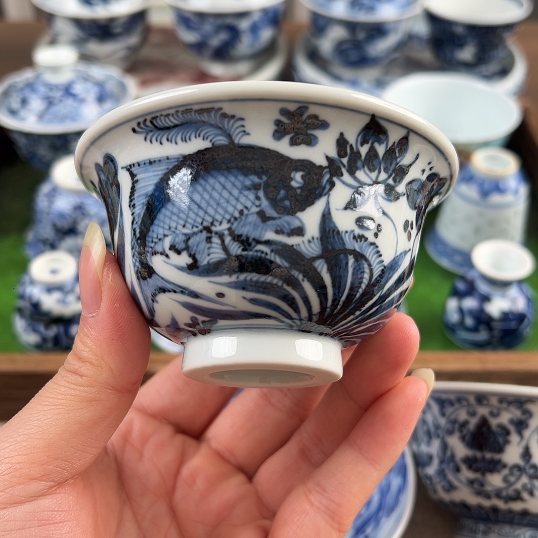 青花鱼藻微瑕压手手工手绘