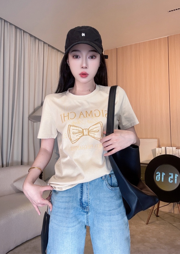 2025早春新款百搭圆领字母印花短款百搭显瘦短袖T恤女0631